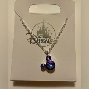Disney Necklace - SilverTone with Hanging Mickey Head  - NEW - Pink Blue tones